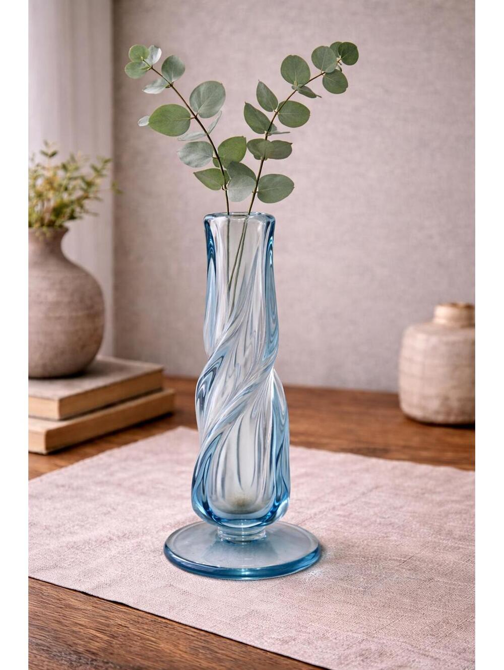 Vintage Handcrafted Swedish Studio Art Glass Blue Twist Vase